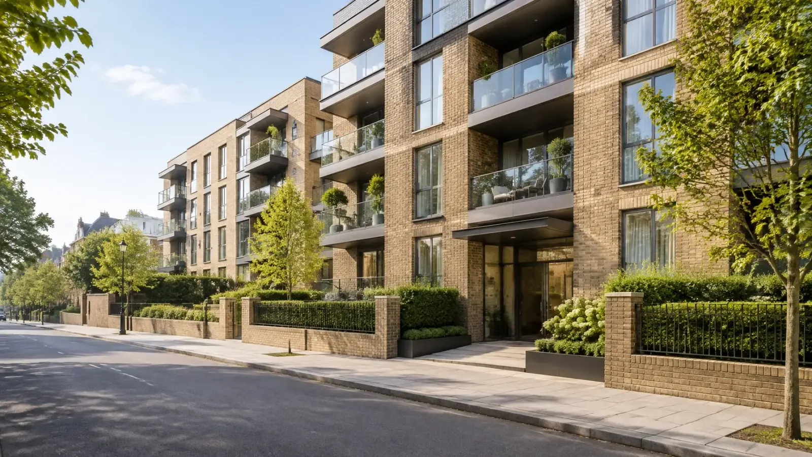 Modern residential apartment building on a tree-lined London street