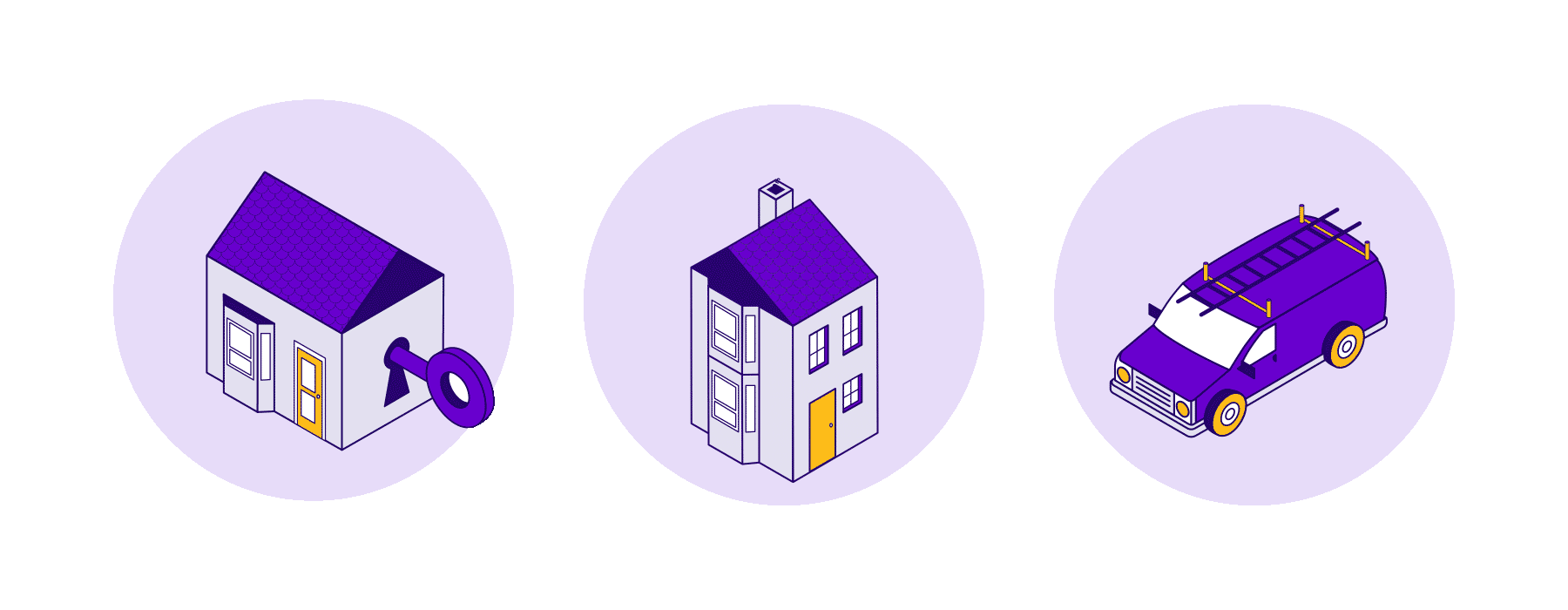 Isometric illustration of a house with a key, a two-storey house, and a service van on soft lavender circles